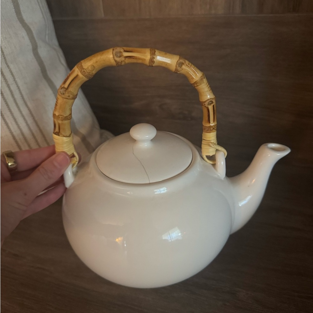 Pottery Barn Sausalito Tea Kettle Bamboo Handle Asian Inspired